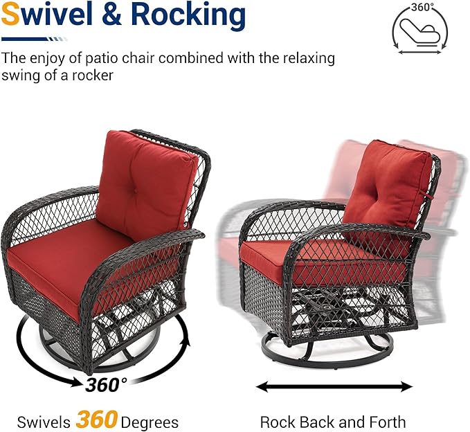 UDPATIO 3 Pieces Patio Furniture Set, Outdoor Swivel Rocker Patio Chairs Set of 2, All-Weather PE Wicker Glider Chairs with Thick Cushions and Glass Coffee Table，for Porch Deck Backyard Red