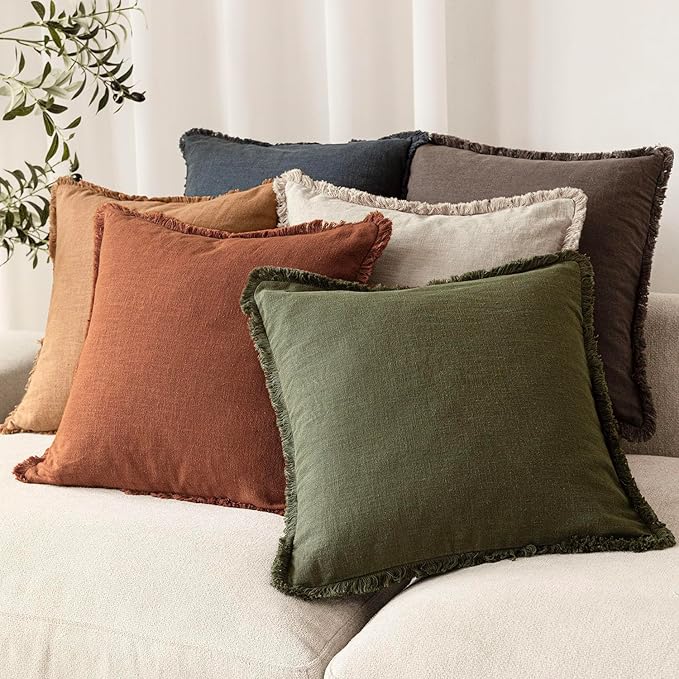 Foindtower Set of 2 Decorative Linen Fringe Throw Pillow Covers Boho Farmhouse Cushion Cover with Tassels Soft Accent Pillowcase for Couch Sofa Bed Living Room Home Decor,24×24 Inch,Orange Brown