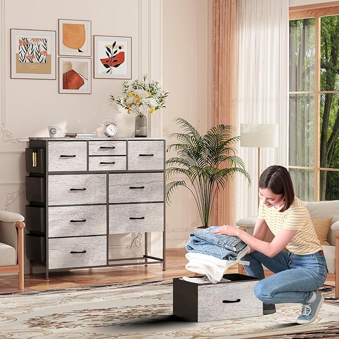 10 Drawer Dresser, Chest of Drawers for Bedroom, Fabric Dresser Drawers with Side Pockets, Hooks, Wooden Top and Sturdy Metal Frame for Living Room, Closet, Hallway (Oak Gray)