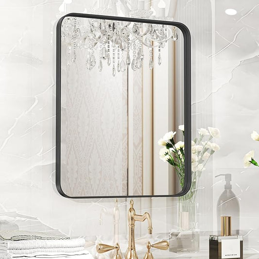 Fun Memories Black Bathroom Mirror 16x20 Inch Bathroom Vanity, Metal Black Frame Large Mirror, Modern Wall Mirror for Bathroom, Tempered Glass, Farmhouse, Horizontally or Vertically