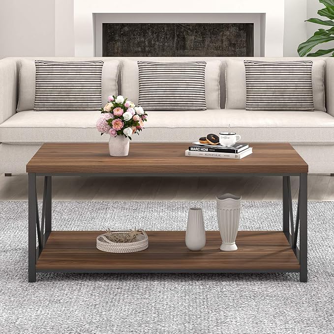 FOLUBAN Coffee Table, Modern Center Table with Storage Shelf, Rustic Wood and Metal Cocktail Table for Living Room, 39.3 Inch Walnut