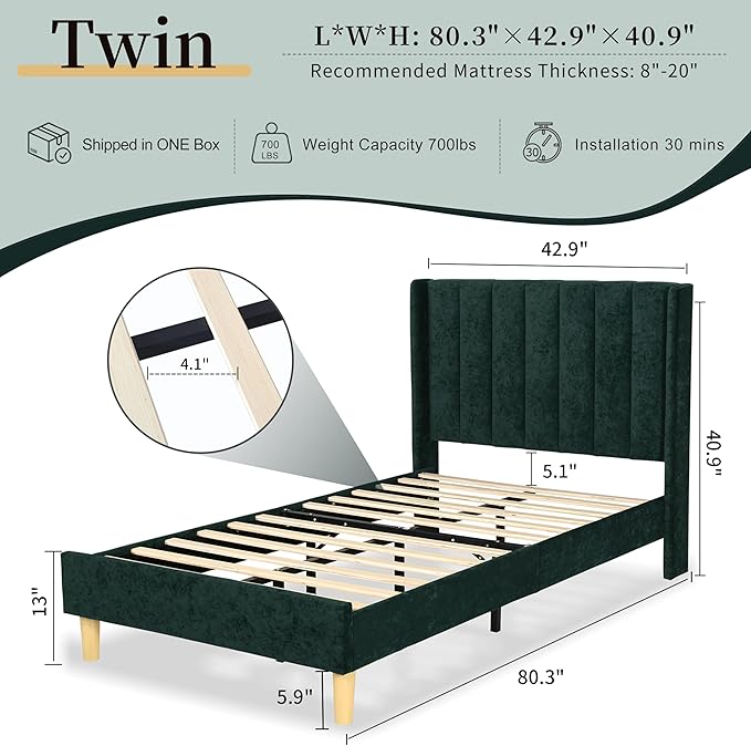 Twin Size Upholstered Platform Bed Frame with Modern Wingback & Vertical Panel Headboard, Velvet Fabric, Wooden Legs & Slats Support, No Box Spring Needed, Noise-Free & Easy Assembly, Ink Green