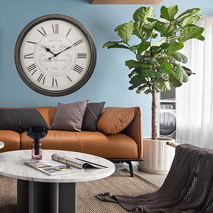 Extra Large Wall Clock, 30 Inch, Brown White, Silent Non-Ticking Quartz Movement, Battery Operated, Decorative Roman Numeral, Stylish Clock Living Room, Office, Home Decor