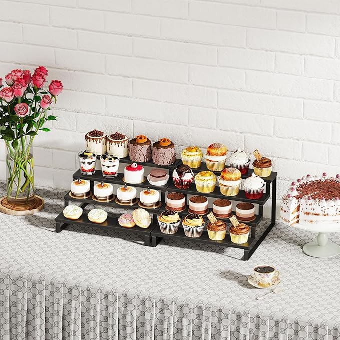 Giikin Set of 2 Wooden Display Stand Riser, 3 Tier Display Stand Perfume Organizer Stand Cupcake Stand Holder, Tiered Display Stand Risers Display Shelf for Home and Shop, Black