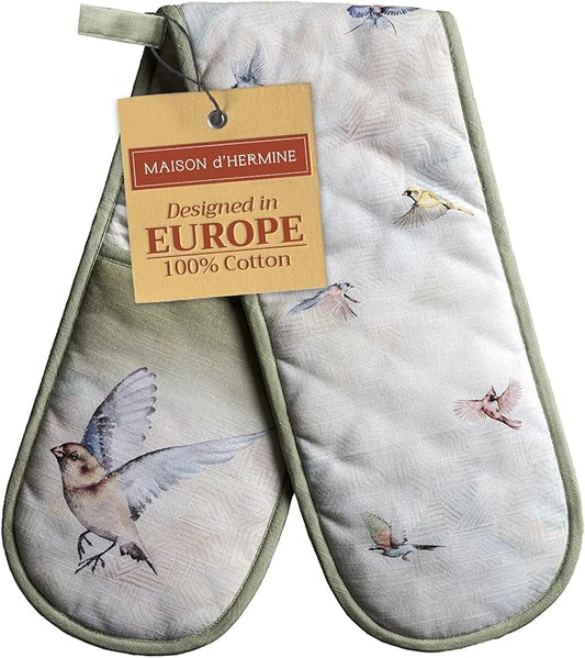 Maison d' Hermine Double Oven Mitts 100% Cotton 7"x35" Double Oven Mitt Heat Resistant BBQ Cooking Gloves with Loop, Baking, Grilling, Home, Kitchen, Handling Hot Pans Spring Summer (Flying Birds)