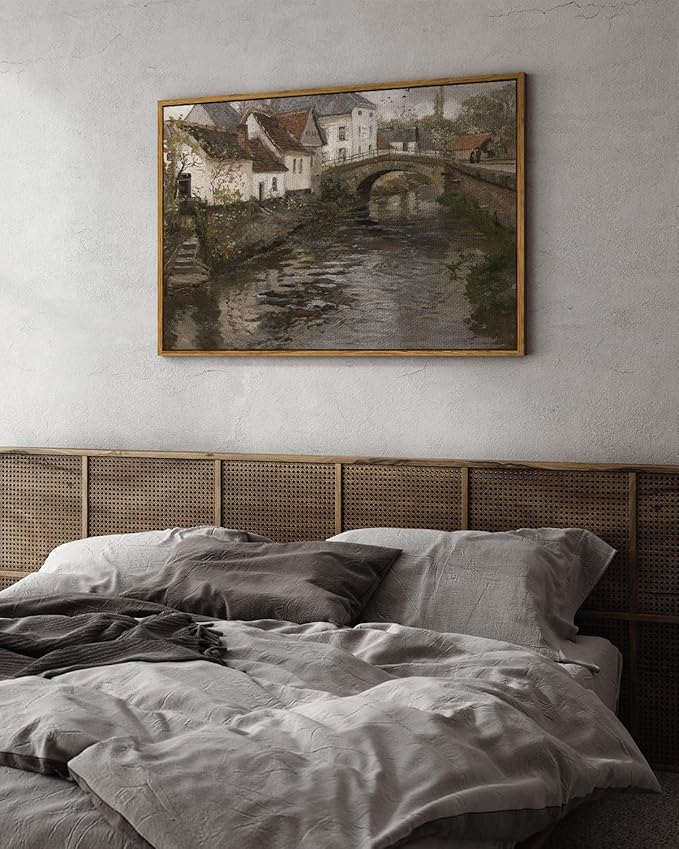 InSimSea Framed Canvas Wall Art Vintage Decor, Riverside Small Town Large Canvas Prints Home Decor, Rustic Farmhouse Hanging Wall Decor for Bedroom Living Room, 24"x36"