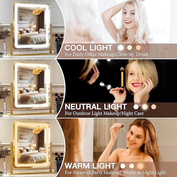 FENNIO Vanity Mirror with Lights - 15"x12.6" LED Lighted Makeup Mirror, Large Makeup Mirror with Lights, Touch Screen with 3-Color Lighting, Dimmable, for Vanity Desk Tabletop, Bedroom Gold