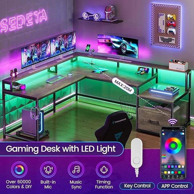 SEDETA L Shaped Desk, 66" Home Office Desk with File Drawer and Power Outlet, Corner Computer Desk with Monitor Shelf, Printer Storage Shelves, Gaming Desk with Led Lights, Two Person Desk, Walnut