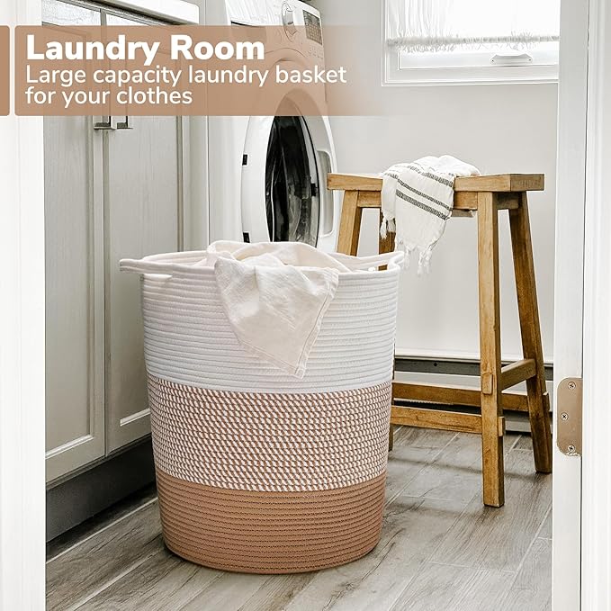 INDRESSME Large Rope Basket - Tall Laundry Basket Hamper for Dirty Clothes Woven Jute Storage Baskets for Blanket in Living Room Toy Baskets for Nursery Storage, 17¾ x 15¾ x 13¾ inches