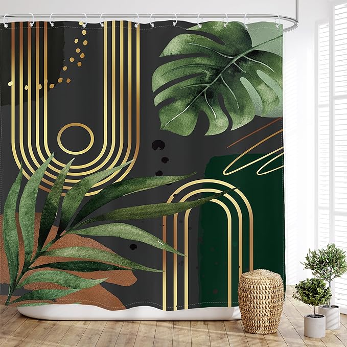 Glawry Dark Green Gold Boho Mid Century Shower Curtain Extra Long Abstract Minimalist Geometric Tropical Modern Leaf Bathroom Simple 72Wx78L Inches Bath Accessories Art Home Decor Fabric 12 Pack Hook