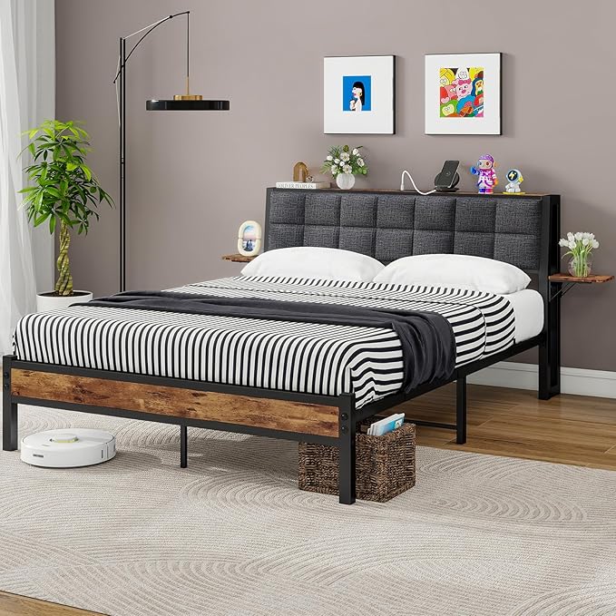 Queen Bed Frame with Headboard,Metal Platform Bed Frame Queen Size with Storage and USB Charging Station,Upholstered Bed Frames with Metal Slats/No Box Spring Needed/Under Bed Storage/Noise Free