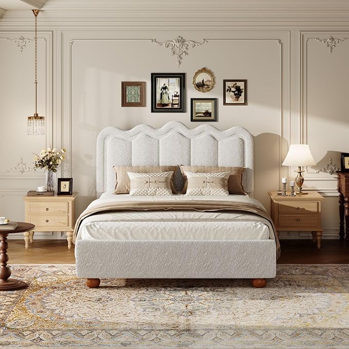 Full Size Bed Frame with Headboard, Boucle Bed Frame, Soft Upholstered Platform Cloud Bedframe with Footboard, Solid Wood Legs, Solid Wooden Slats Support, No Box Spring Required, Easy Assembly, Grey