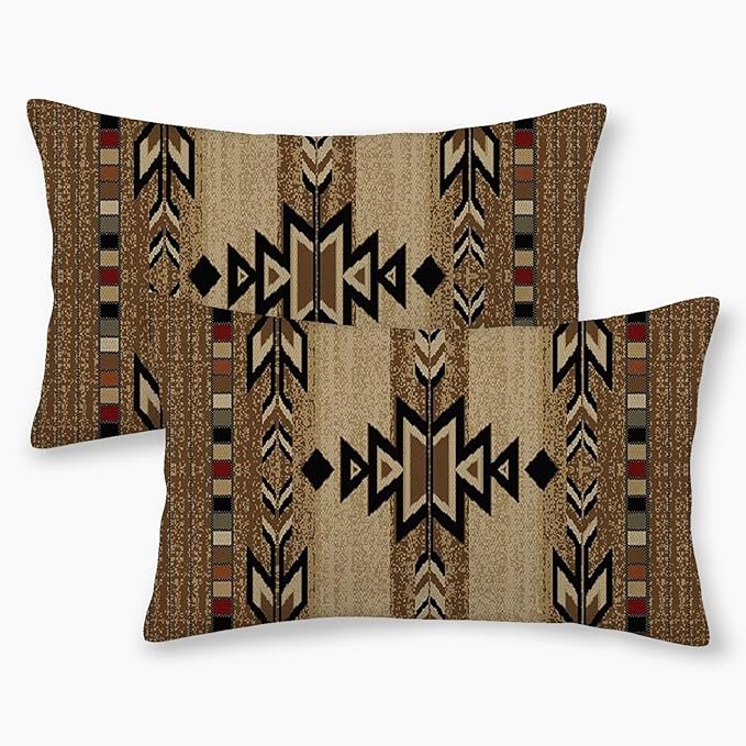 Boho Brown Carpet Throw Pillow Covers 12x20 Inch Set of 2, Rustic Tribal Decorative Throw Pillow Covers Antique Brown Linen Outdoor Cushion Cover for Sofa Couch Farmhouse Room Decor