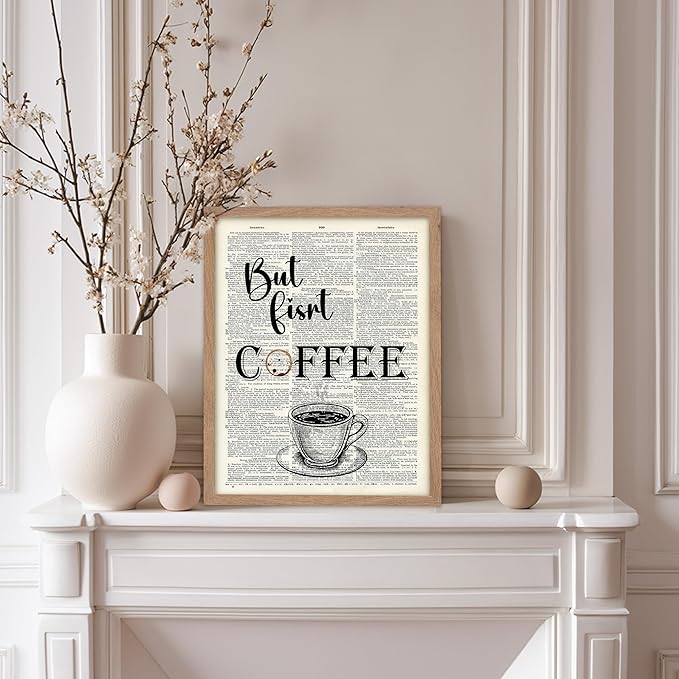 Poster Master Dictionary Art Poster - But First Coffee Print - Cafe Art - Gift for Men, Women, Coffee Lovers & Barista - Funny Decor for Kitchen, Restaurant or Dining Room, 8x10 Beige Framed