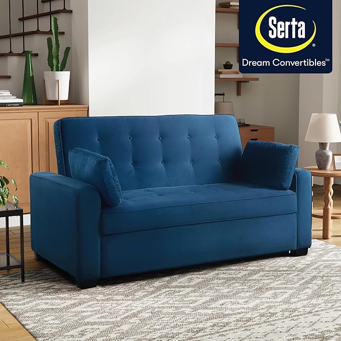 Serta Ainsley 72.6" Convertible Sleeper Sofa, Queen Size, Dreamcoil Comfort, Soft Velvet Fabric, Navy