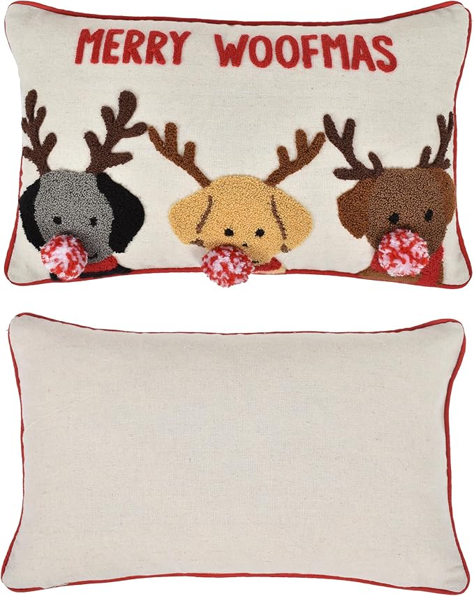 Merry Woofmas Christmas Pillow Covers 12x20, Cute Dog Embroidered Christmas Throw Pillow Covers Christmas Decorations Holiday Pillows for Home Couch,Linen/red