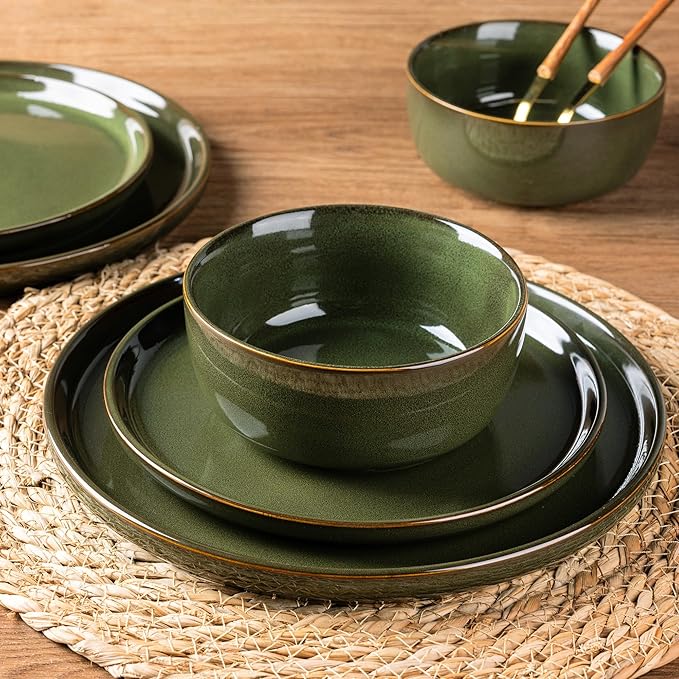 AmorArc Stoneware Dinnerware Sets for 4,Round Reactive Glaze Ceramic Plates and Bowls Set,Highly Scrath Resistant | Dishwasher & Microwave Safe Dishes Set,Service for 4 (12pc)