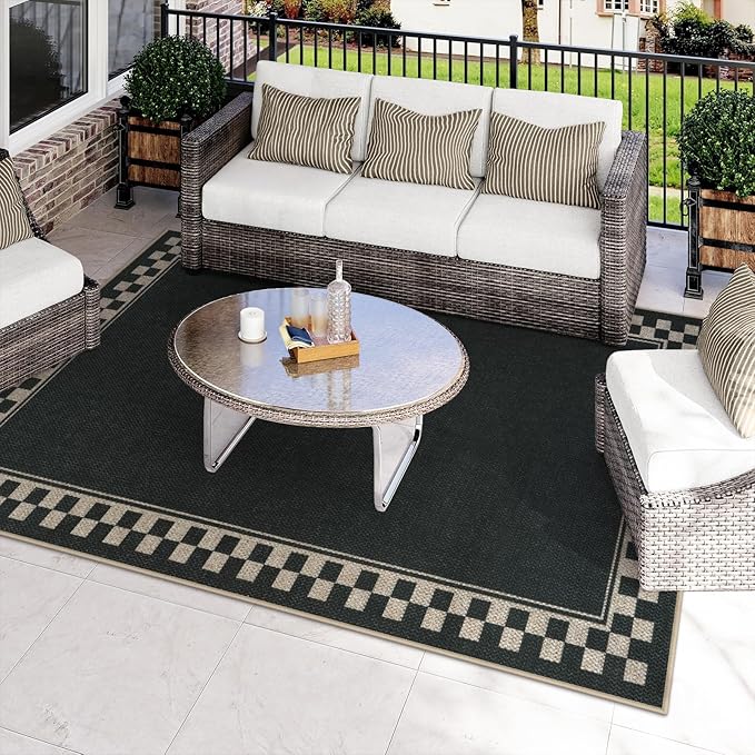 OJIA Easy Jute Area Rug 8x10, Large Outdoor Patio Rugs Washable Rugs for Living Room Checkered Border Farmhouse Indoor Outdoor Carpet Modern Non-Slip Black Rug for Bedroom Backyard Office Decor