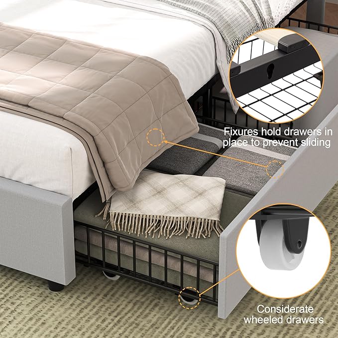 VECELO Full Size Bed Frame with 4 Drawers, Adjustable Tufted Button Headboard, Upholstered Platform with Wood Slats Support, Built-in USB and Type C Ports, Light Grey