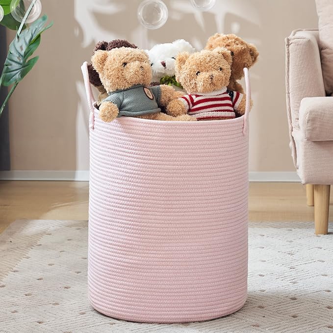 Woven Rope Laundry Hamper, 58L Tall Luandry Basket, Baby Nursery Hamper for Blanket Storage in Bedroom-Large-Pink