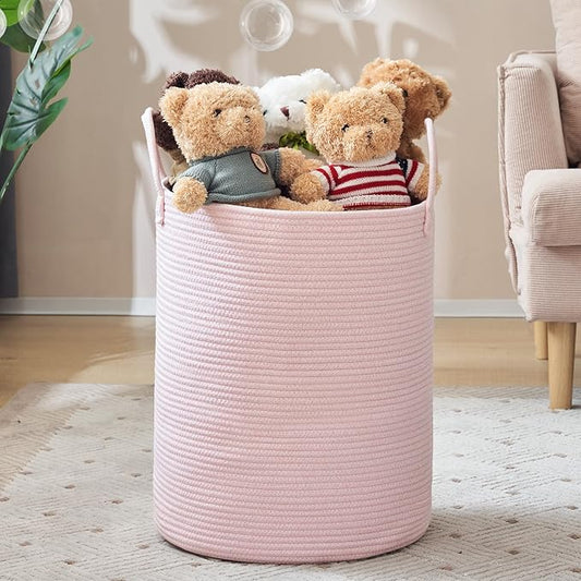 Woven Rope Laundry Hamper, 58L Tall Luandry Basket, Baby Nursery Hamper for Blanket Storage in Bedroom-Large-Pink