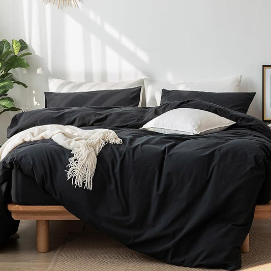 MooMee Bedding Duvet Cover Set 100% Washed Cotton Linen Like Textured Breathable Durable Soft Comfy (Solid Black, Oversized King Plus 128"x120")