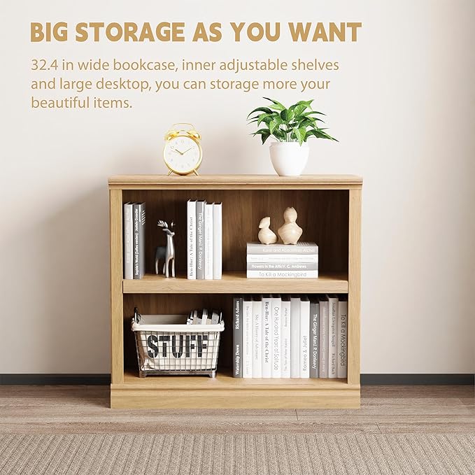 blini 2-Shelf Bookcase Wooden Bookshelves 33in Wide Floor Standing Display Storage Shelves Oak Bookcase for Home Office, Living Room, Bed Room