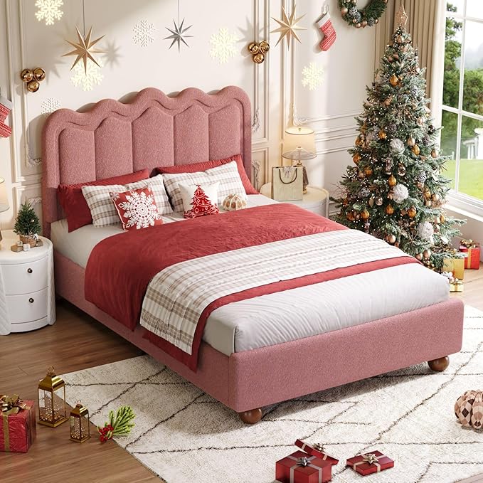 Full Size Bed Frame with Headboard, Boucle Bed Frame, Soft Upholstered Platform Cloud Bedframe with Footboard, Solid Wood Legs, Solid Wooden Slats Support, No Box Spring Required, Easy Assembly, Grey