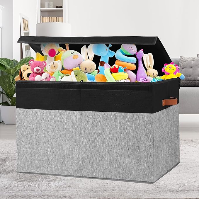 Large Toy Storage Box with Lid, Sturdy Toys Storage Chest Bin Organizer Basket with Dividers for Kids, Boys, Girls, Nursery, Closet, Bedroom, Playroom 26"x17" x17" (Black and Grey)