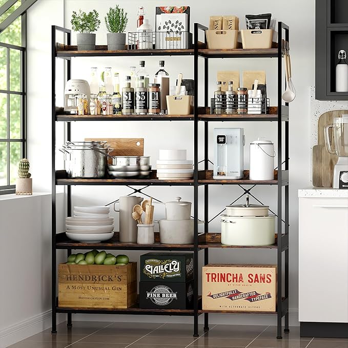 KOUSEI 5-Tier L-Shaped Reversible Corner Bookshelf, 65" Rustic Brown Industrial Wood & Metal Bookcase, Wide Open Shelves + 4 Hooks for Living Room/Bedroom/Home Office