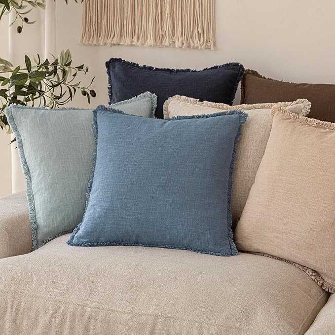 Foindtower Set of 2 Decorative Linen Fringe Throw Pillow Covers Cozy Boho Farmhouse Cushion Cover with Tassels Soft Accent Pillowcase for Couch Sofa Bed Living Room Home Decor, 22×22 Inch, Misty Blue
