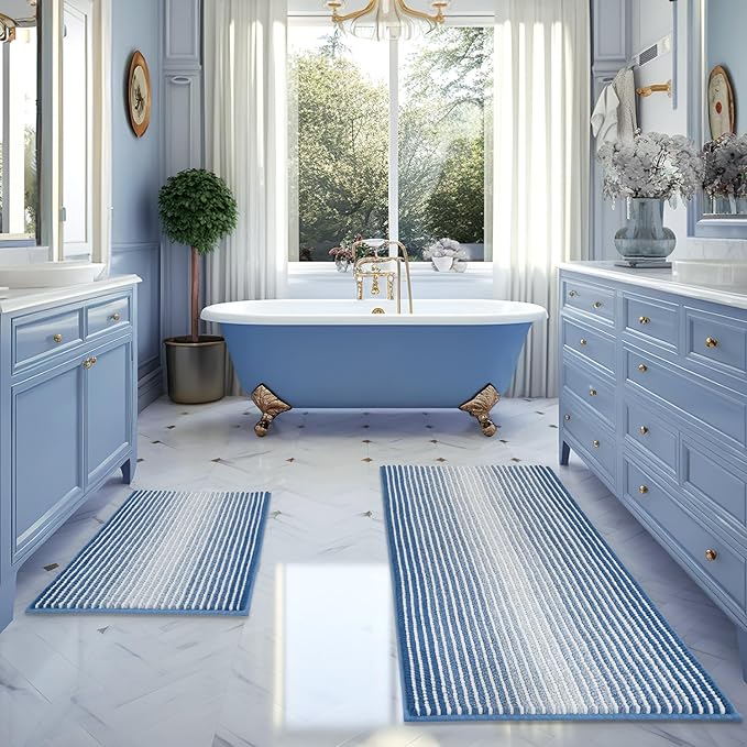 BSICPRO Bathroom Rugs and Mats Sets, 2 Piece Thick Absorbent Chenille Bath Mat Rug Set Non Slip, Soft Shaggy Bath Room Floor Mats for Bathroom, Machine Washable (Sky Blue, 20" x 60" Plus 20" x 32")