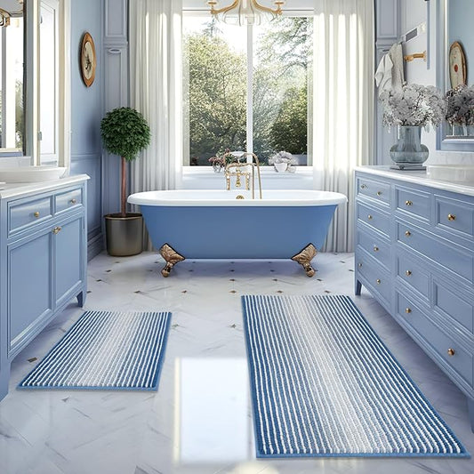 BSICPRO Bathroom Rugs and Mats Sets, 2 Piece Thick Absorbent Chenille Bath Mat Rug Set Non Slip, Soft Shaggy Bath Room Floor Mats for Bathroom, Machine Washable (Sky Blue, 20" x 60" Plus 20" x 32")