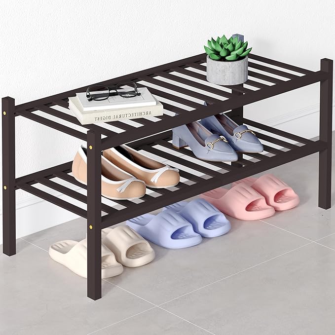 Smiry Bamboo Shoe Rack for Closet, 2 Tier Wooden Stackable Shoe Organizer, Free Standing Shoes Storage Shelf for Entryway, Front Door Entrance, Brown