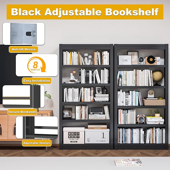 5 Tier Metal Bookshelf, 61" Tall Black Bookcase with Bookends, Adjustable Storage Shelves, Modern Book Case for Small Spaces, Living Room, Office, Bedroom, Kitchen, Bathroom