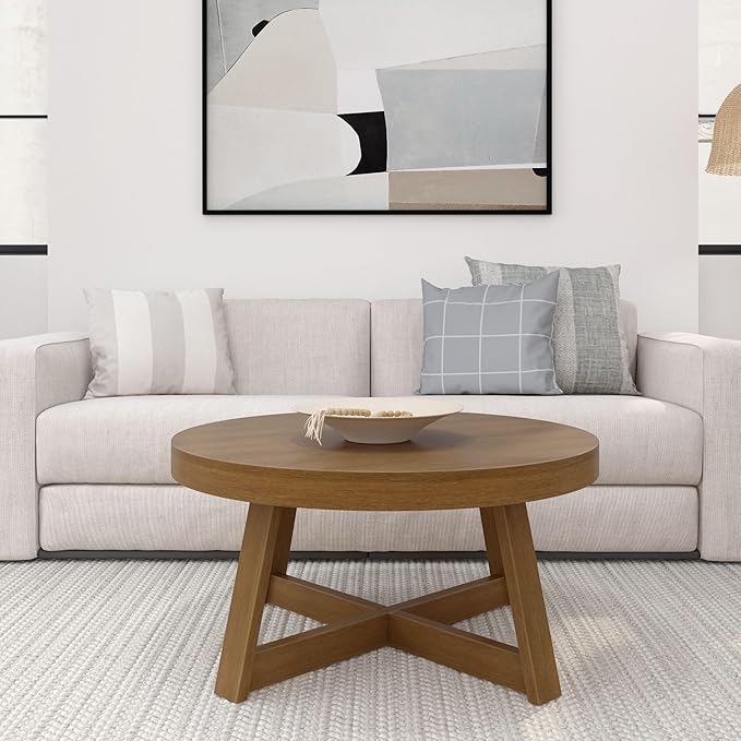 Plank+Beam Classic Round Coffee Table, 36" Farmhouse Coffee Table, Mini Center Tables for Small Spaces, Small Living Space Tea Table, Pecan Wirebrush