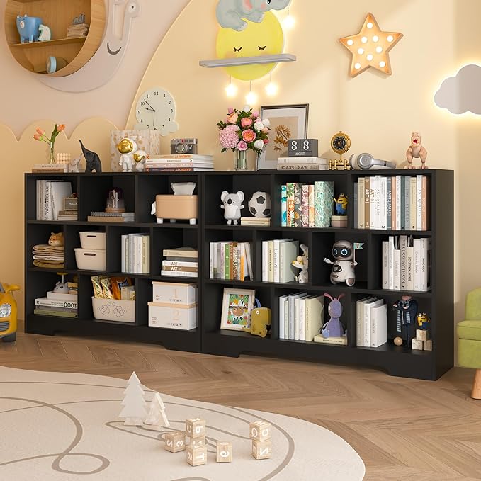 Book Shelf for Kids, 10 Cubes Storage Organizer Montessori Bookshelf, 3-Tier Wooden Kids Bookcase, Toy Storage Organizer for Children, Black Toddler Bookshelf Cube Shelf for Kid’s Room, Classroom