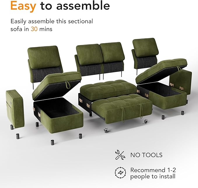 Vipbear Sleeper Sectional Sofa, 105" U Shaped Couch with Pull Out Bed, Convertible Chenille Cloud Sofa with Reclining Backrest | Double Storage Chaise | USB Ports | Tool-Free Assembly | Green