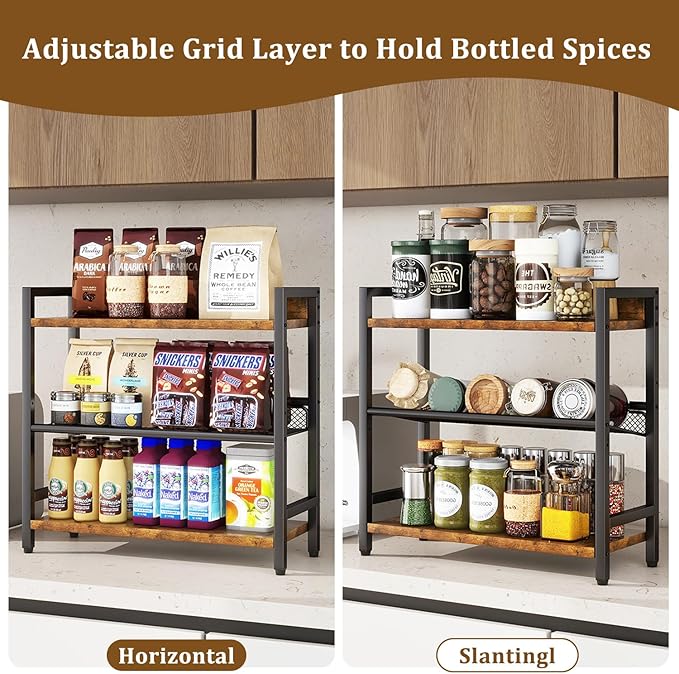 IBUYKE 3-Tier Spice Rack Industrial Counter Shelf Desktop Storage Organizer Standing Seasoning Rack for Countertop Kitchen Office Living Room Desktop Rustic Brown UTLJ021H