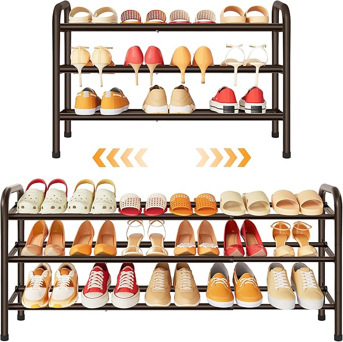 3 Tier Shoe Organizer, Shoe Rack for Closet, 28“ Metal Shelf Can Expandable to 42“, for Bedroom, Entryway, Closet, Garage, Adjustable to 18 Pairs Shoes, Brown