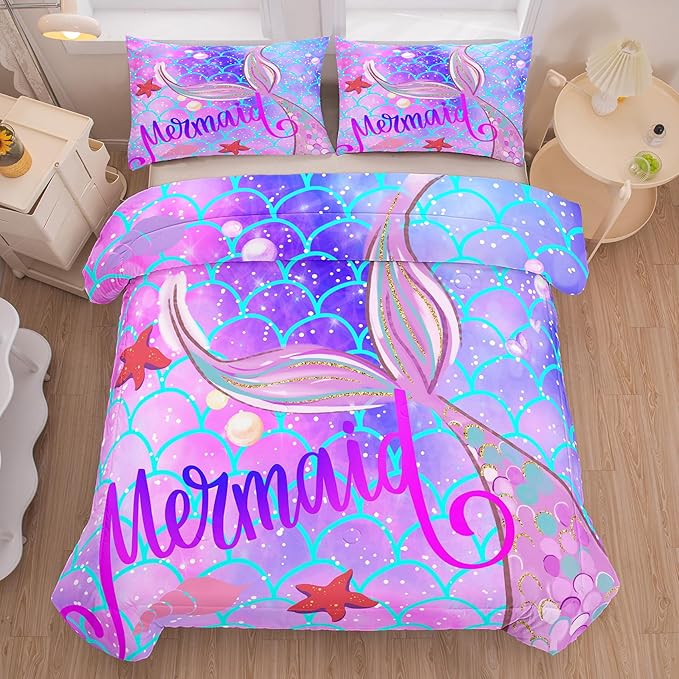 Tailor Shop Mermaid Comforter Sets Twin Bedding Sets for Girls Kids Teens Girls Purple Comforter with 1 Pillowcase…