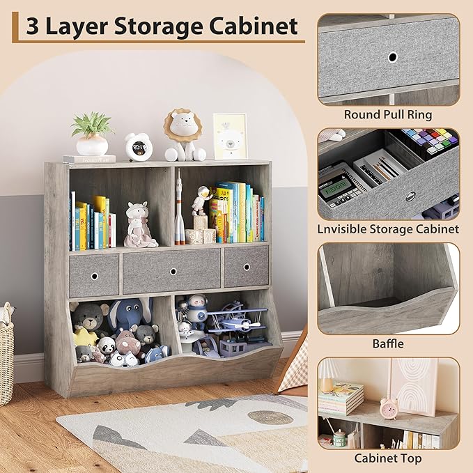 7-Cubby Large Kids Toy Storage Organizer, Children Wood Bookcase and Bookshelf, 3-Tier Toy Storage Cabinet with 3 Drawers for Hallway, Playroom, Living Room, School,Gray
