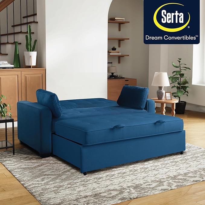 Serta Ainsley 72.6" Convertible Sleeper Sofa, Queen Size, Dreamcoil Comfort, Soft Velvet Fabric, Navy