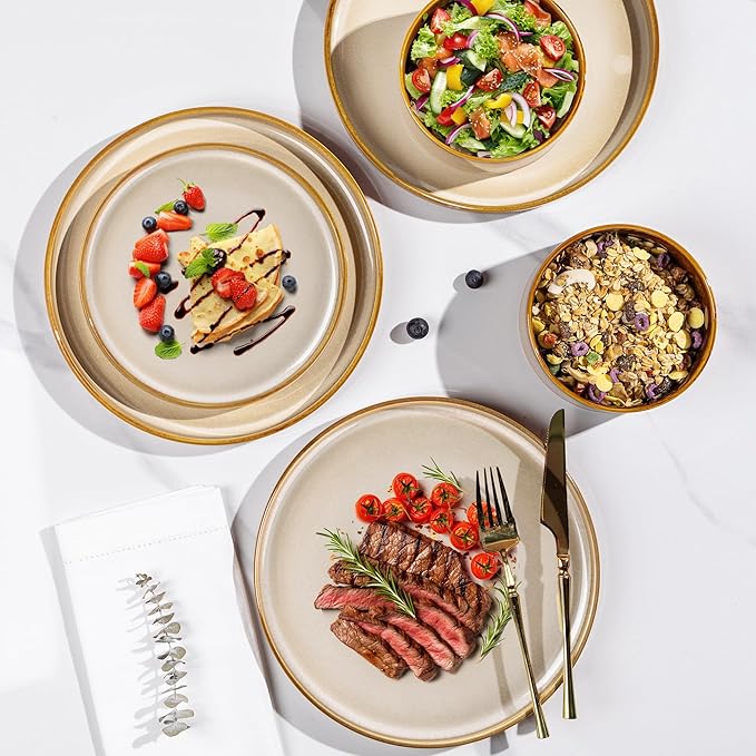 LERATIO Ceramic Dinnerware Sets for 4,Round Reactive Glaze Ceramic Plates and Bowls Set,Highly Chip and Crack Resistant | Dishwasher & Microwave Safe Dishes Set,Service for 4 (12pc)-Kahki