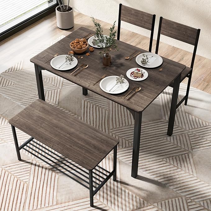 Tangkula Dining Table Set for 4, Kitchen Table and 2 Chairs for 4 with Bench, 4 Piece Dining Table Set for Small Space, Apartment