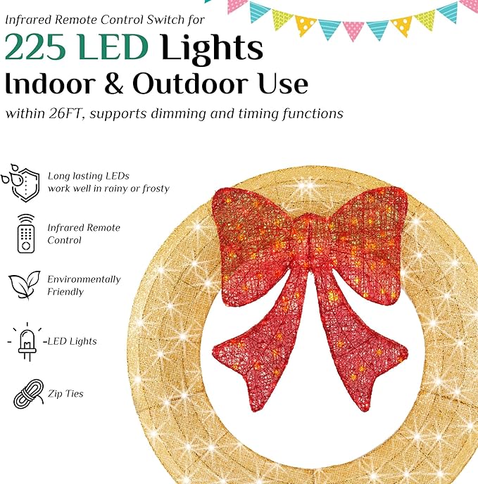 Sweetcrispy 36in Pre-Lit Christmas Wreath, LED Lighted Holiday Outdoor Decoration with Bow for Door, Mantel, Wall, Windows, Front Door Decor, Gold Wreath - Red Bow