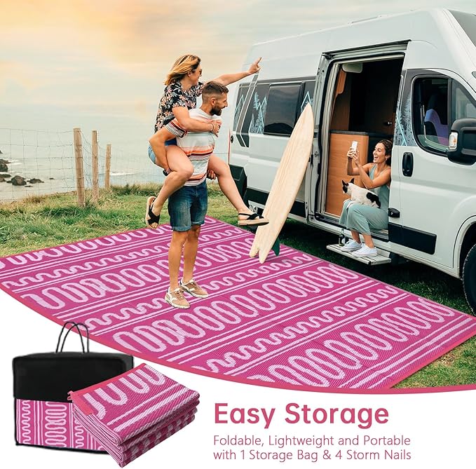 Beeiva Outdoor Waterproof Rug 8x10, Plastic Reversible Outdoor Camping Rug, Pink Patio Rug for Deck, Balcony, Backyard, Porch, Camping, Picnic - Pink