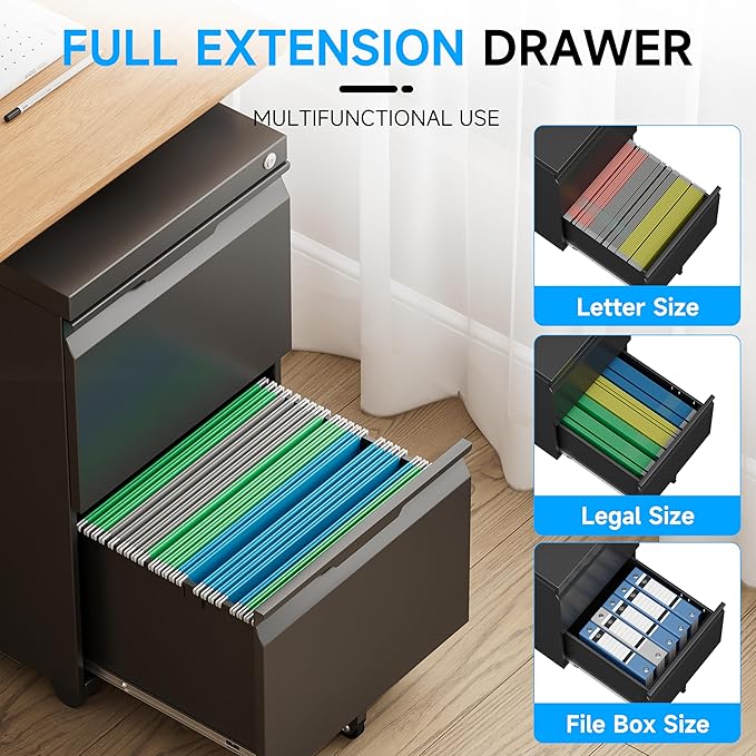 Bestoo 2 Drawer Metal Mobile File Cabinet, File Cabinet on Wheels with Lock for Letter/Legal/A4 File Under Desk, Metal Rolling File Cabinets for Home Office(Black)