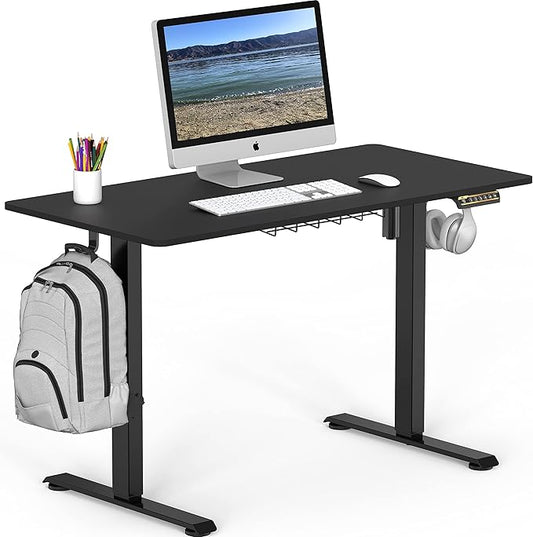 SHW 48-Inch Electric Height Adjustable Sit to Stand Desk with Hanging Hooks and Cable Management, Black Frame and Black Top