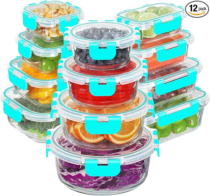 BAYZZ 24 Piece Glass Food Storage Containers with Lids, Airtight Glass Meal Prep Containers for Kitchen, BPA-Free Lunch Box, Microwave and Freezer Safe,Green